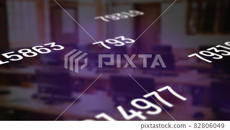 Digital composition of multiple changing numbers floating against empty classroom in background Digital composition of multiple changing numbers floating against empty classroom in background 82806049