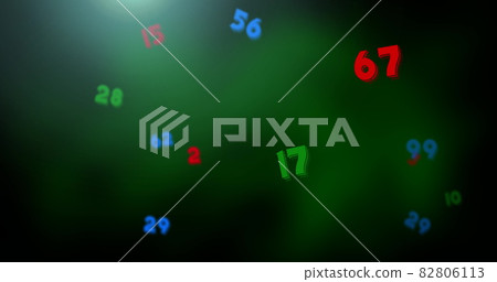 Digital image of multicolored numbers floating and moving against grey background Digital image of multicolored numbers floating and moving against grey background 82806113