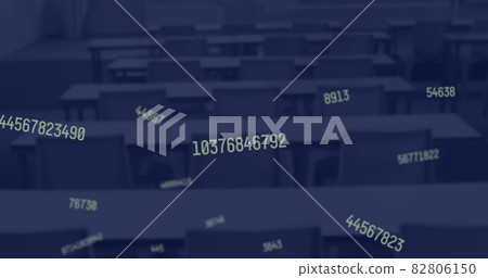 Digital composition of multiple changing numbers floating against empty classroom in background Digital composition of multiple changing numbers floating against empty classroom in background 82806150