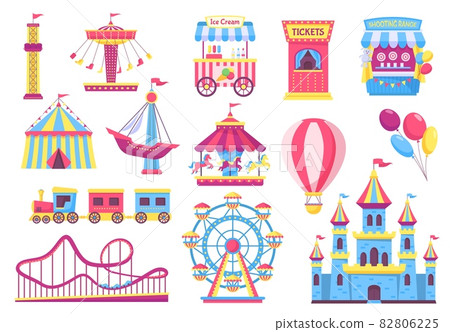 Amusement park attractions, fairground rides, carnival elements. Cartoon circus tent, carousel, rollercoaster, funfair games vector set Amusement park attractions, fairground rides, carnival elements. Cartoon circus tent, carousel, rollercoaster, funfair games vector set 82806225