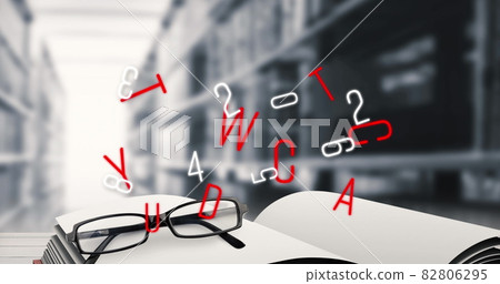 Digital composition of changing alphabets and numbers against book and glasses in library Digital composition of changing alphabets and numbers against book and glasses in library 82806295