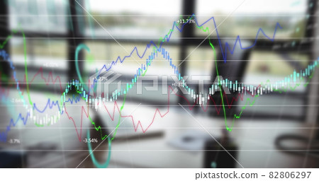 Digital composite image of financial data processing against empty office desk Digital composite image of financial data processing against empty office desk 82806297
