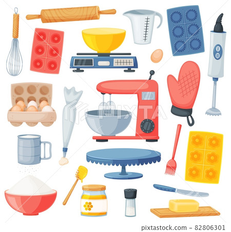 Cartoon cooking and baking ingredients, kitchen utensils. Flour, eggs, honey, salt. Kitchenware and desserts bakery ingredient vector set 82806301