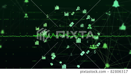 Globe of network of digital icons spinning against data processing Globe of network of digital icons spinning against data processing 82806317