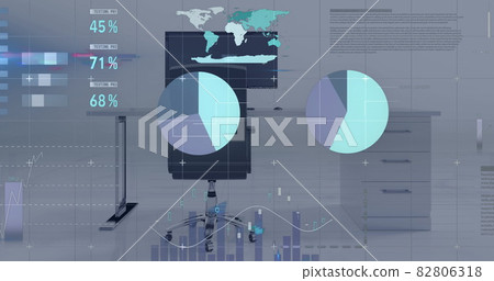 Digital composite image of statistical and financial data processing against empty office Digital composite image of statistical and financial data processing against empty office 82806318