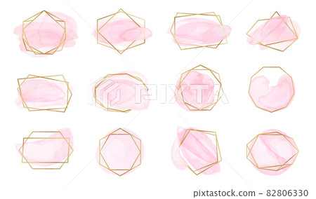 Pink watercolor brush strokes with geometric gold frames. Pastel rose labels with abstract polygonal shapes, elegant fashion logo vector set Pink watercolor brush strokes with geometric gold frames. Pastel rose labels with abstract polygonal shapes, elegant fashion logo vector set 82806330
