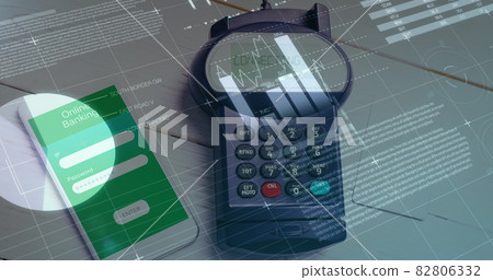 Image of financial data processing over payment terminal and smartphone Image of financial data processing over payment terminal and smartphone 82806332