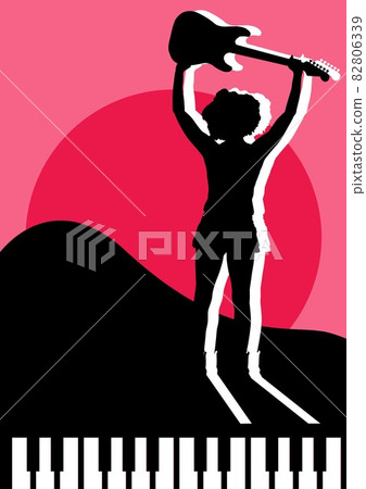 Composition of woman holding guitar icon on red background Composition of woman holding guitar icon on red background 82806339