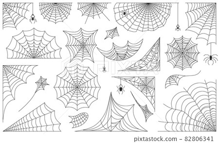 Halloween spider web, black cobweb frames, borders and corners. Scary spiderweb with spiders, decorative cobwebs silhouette vector set Halloween spider web, black cobweb frames, borders and corners. Scary spiderweb with spiders, decorative cobwebs silhouette vector set 82806341