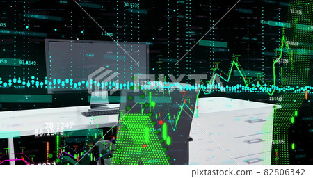 Financial data processing against 3d office desk model against black background Financial data processing against 3d office desk model against black background 82806342