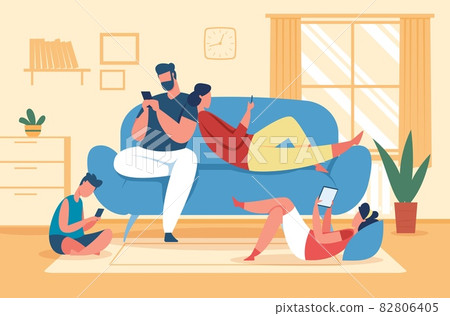 Family using smartphones and tablets, parents and kids with phones. Social media addiction, children use gadgets at home vector illustration 82806405