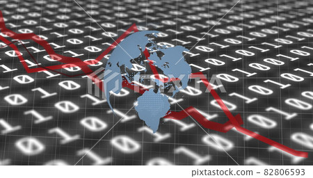 Image of financial data processing with red lines and globe spinning over binary coding Image of financial data processing with red lines and globe spinning over binary coding 82806593