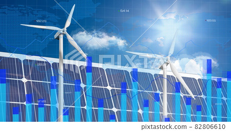 Financial data processing against solar panel and windmill in background 82806610