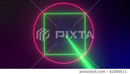 Image of rotating pink, blue, green neon shapes with pink, green and blue lasers, on black Image of rotating pink, blue, green neon shapes with pink, green and blue lasers, on black 82806611