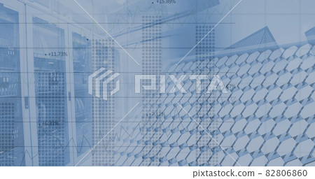 Financial data processing over solar panel against empty server room 82806860