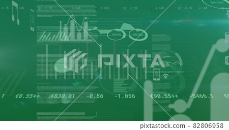 Digital image of financial data processing and digital icons moving against green background 82806958