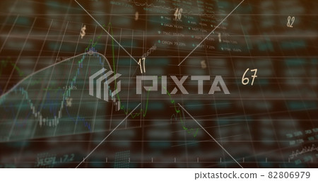 Digital image of multiple numbers and symbols floating against financial data processing 82806979