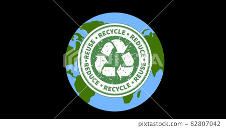 Composition of recycling text and logo over globe on black background 82807042