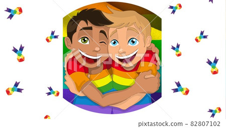 Two diverse boys hugging over lgbtq flag and rainbow ribbons on white background 82807102
