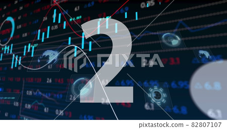 Numbers countdown against stock market data processing on blue background 82807107
