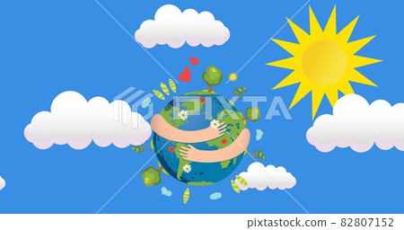 Composition of arms hugging globe over blue sky, sun and clouds background 82807152