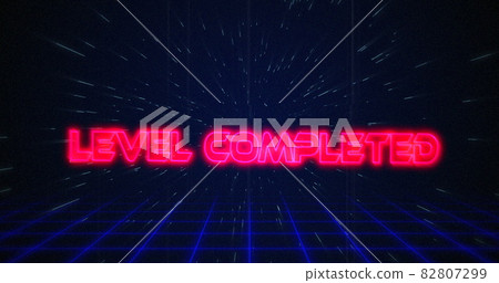 Retro Level Completed text glitching over blue and red lines on white hyperspace effect 82807299