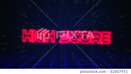 Retro High Score text glitching over blue and red squares 82807451