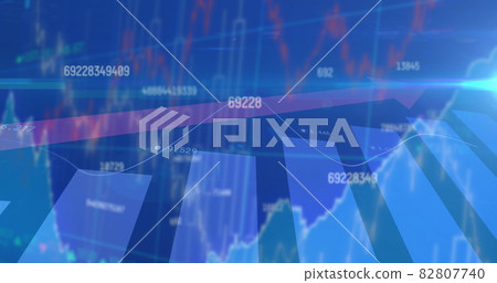 Multiple changing numbers and red arrow over statistical data processing against blue background 82807740