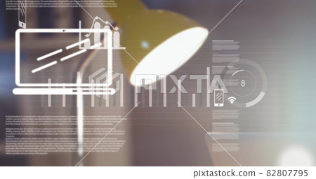 Digital composite image of digital icons and data processing against lamp on office desk 82807795
