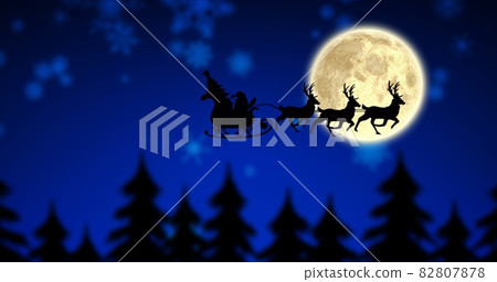Composition of santa claus in sleigh with reindeer over fir trees and moon Composition of santa claus in sleigh with reindeer over fir trees and moon 82807878