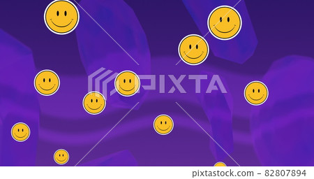 Image of yellow smiley face emoji icons floating on undulating purple background Image of yellow smiley face emoji icons floating on undulating purple background 82807894