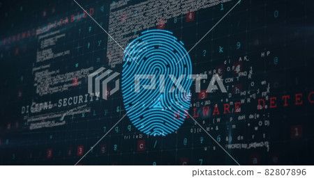 Bio metric fingerprint scanner and data processing against blue background Bio metric fingerprint scanner and data processing against blue background 82807896