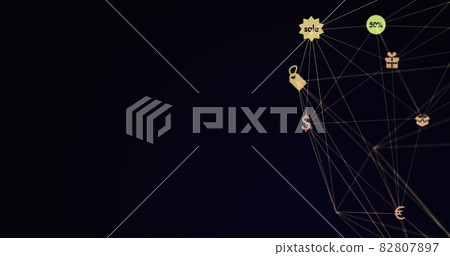 Digital composite image of web of connections with icons against black background Digital composite image of web of connections with icons against black background 82807897