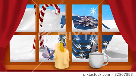 Image of candle, christmas candy cane and present with winter scenery Image of candle, christmas candy cane and present with winter scenery 82807898