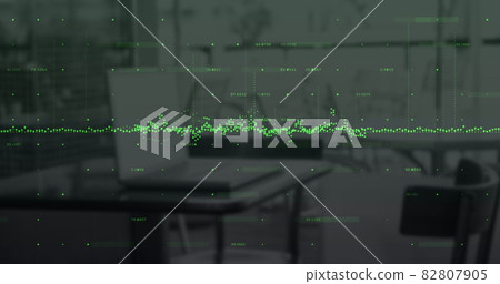 Digital composite image of green graphs over financial data processing against empty office 82807905