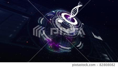 Digital interface over globe spinning against black background 82808082