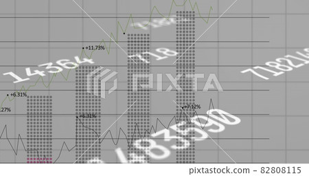 Digital image of multiple changing numbers floating against financial data processing on grey ba 82808115