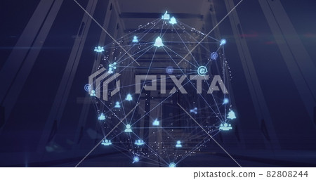 Globe of digital icons against server room 82808244