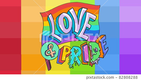 Lgbtq flag with love and pride text over rainbow stripes background 82808288