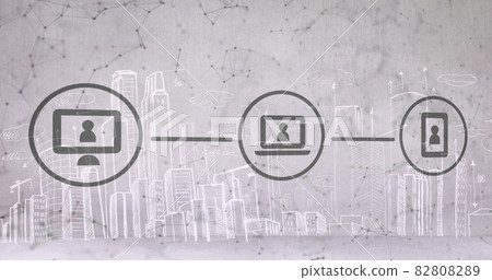 Network of digital icons and network of connections against cityscape 82808289