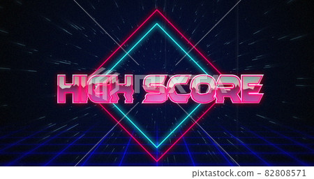 Retro High Score text glitching over blue and red squares 82808571