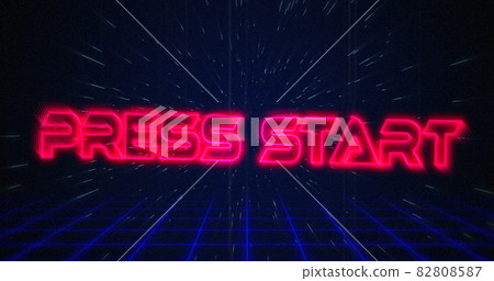 Retro Press Start text glitching over blue and red squares on white hyperspace effect 82808587