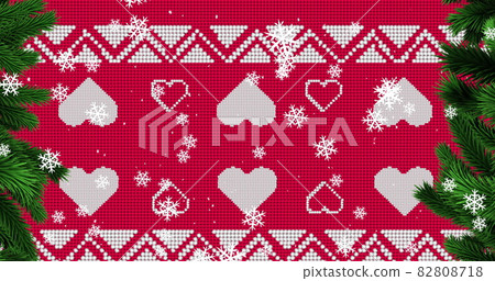 Digital image of snow flakes falling over red christmas traditional pattern Digital image of snow flakes falling over red christmas traditional pattern 82808718