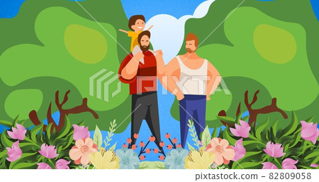 Two happy fathers holding sun in nature scenery Two happy fathers holding sun in nature scenery 82809058