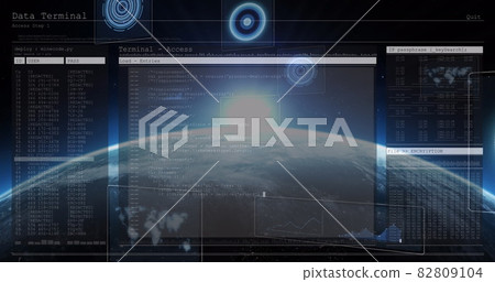 Image of scopes scanning and data processing over digital screens and globe Image of scopes scanning and data processing over digital screens and globe 82809104