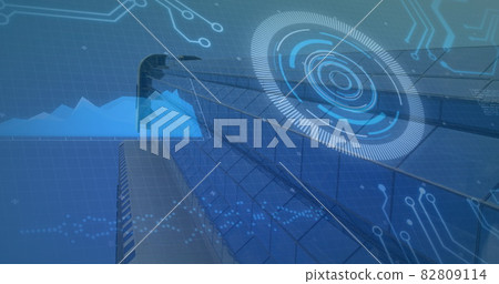 Image of scope scanning and data processing with processor elements over modern skyscraper Image of scope scanning and data processing with processor elements over modern skyscraper 82809114