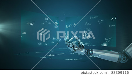 Globe of network of connections over robotic hand against screens with mathematical equations 82809116