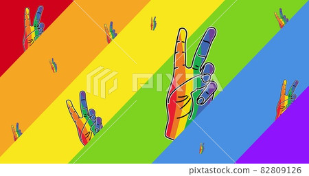 Rainbow v sign over rainbow stripes 82809126