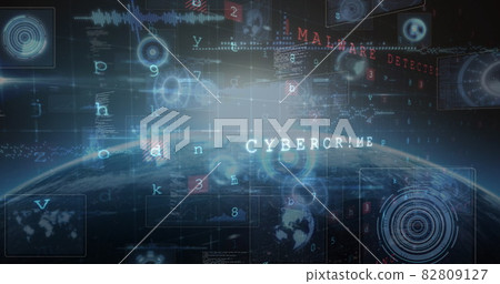 Image of cyber attack warning, scopes scanning and data processing over globe Image of cyber attack warning, scopes scanning and data processing over globe 82809127