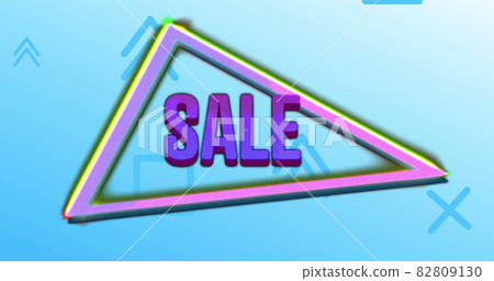 Image of sale text in purple letters over glowing neon triangles and blue shapes Image of sale text in purple letters over glowing neon triangles and blue shapes 82809130